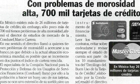 Con problemas de morosidad alta, 700 mil tarjetas de cr&eacute;dito